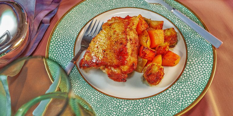 Maple-Soy Roasted Chicken Thighs with Fall Vegetables Recipe